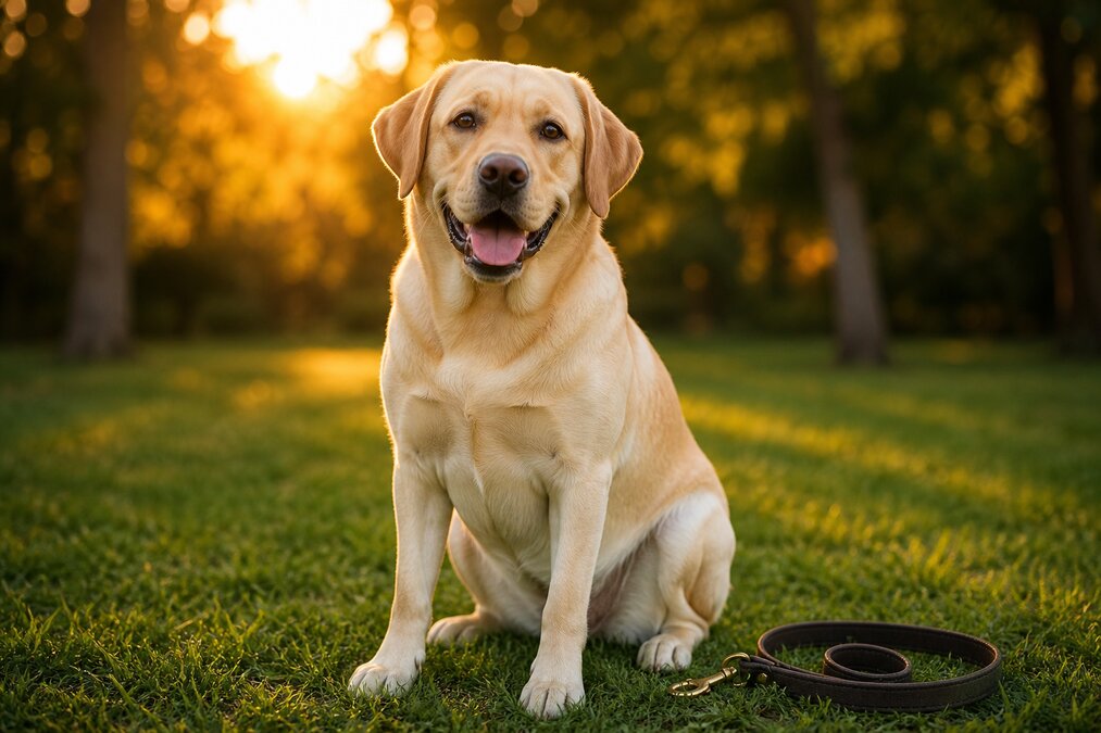 A happy Labrador retriever sitting on grass at golden hour
