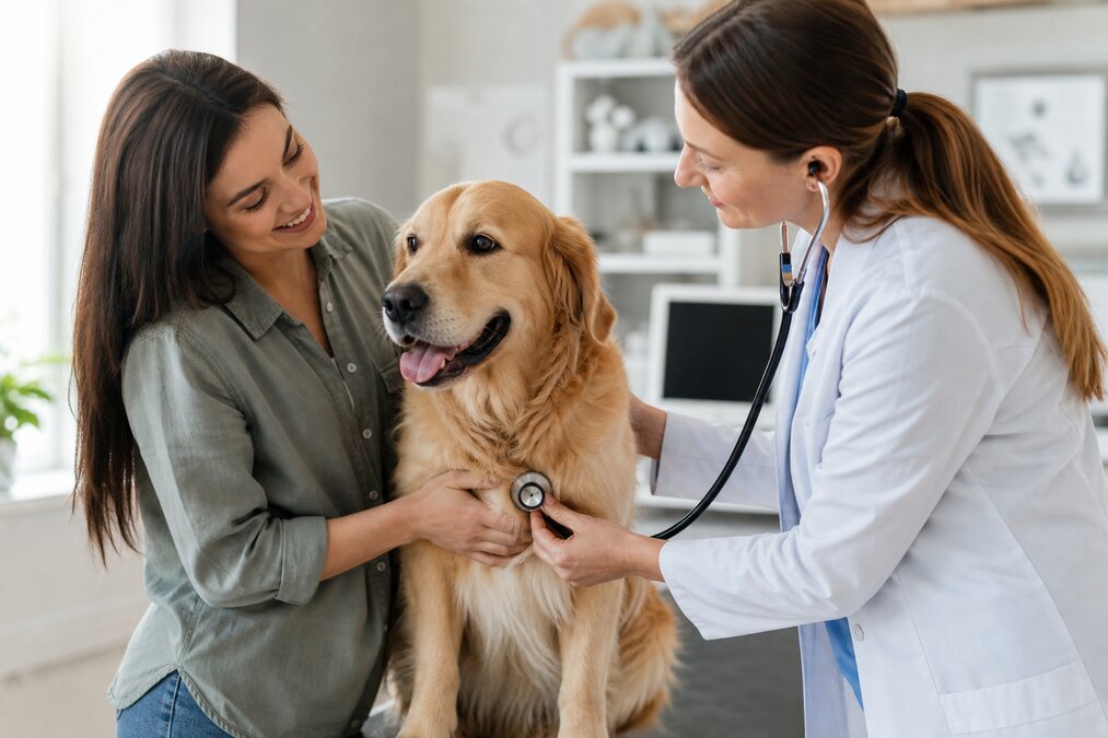 A veterinarian examining a dog in a bright clinic during a routine checkup