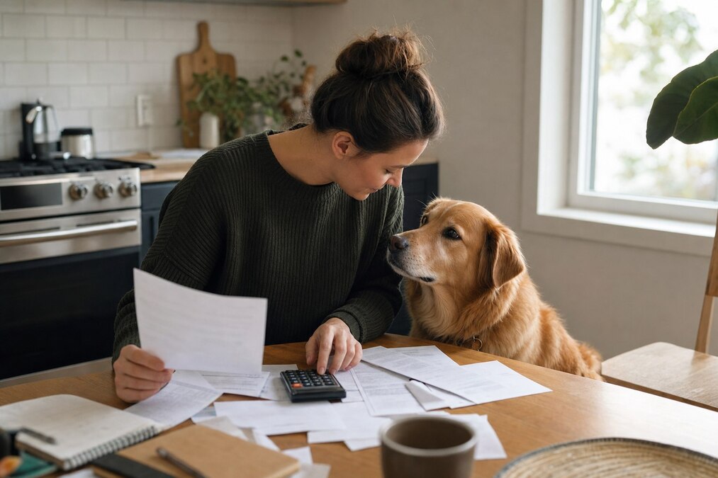 A person reviewing pet insurance paperwork at a kitchen table with their dog beside them
